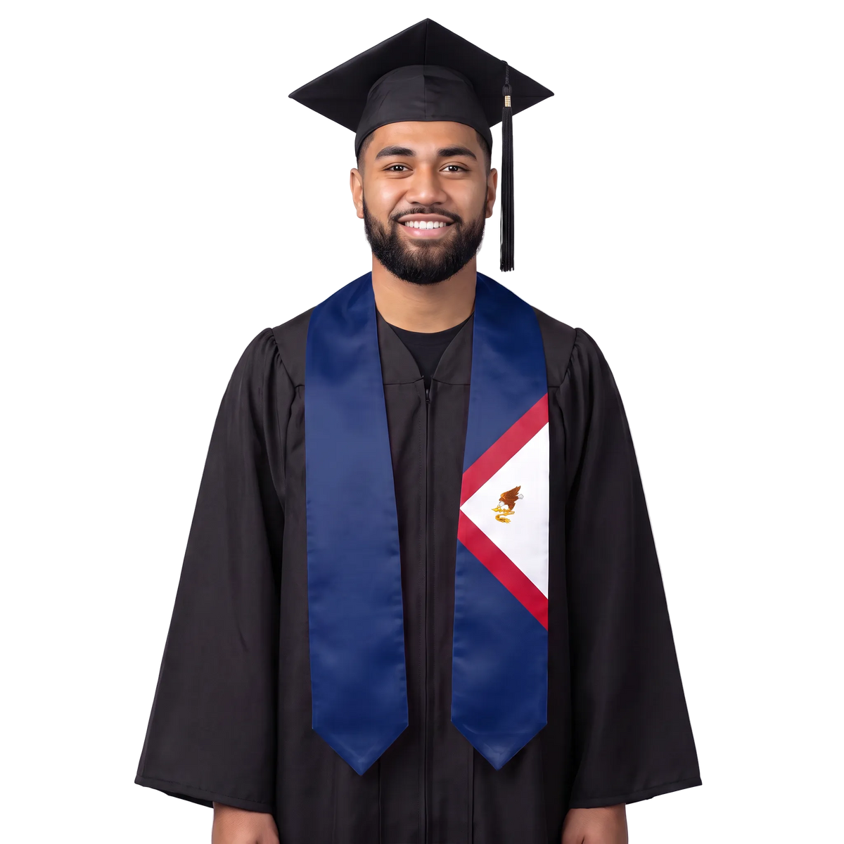 American Samoa graduation stole with a blue, red, and white American Samoa flag sash design and eagle emblem.
