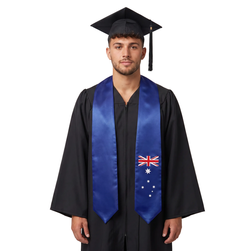 Australia graduation stole with a navy blue Australia flag sash design featuring the Union Jack and white stars.