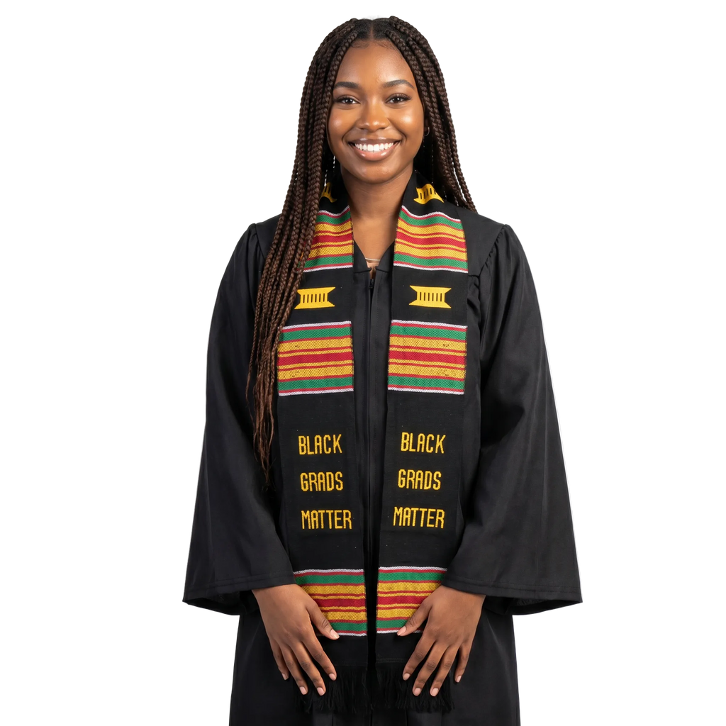 Black Grads Matter handwoven Kente cloth graduation stole with a colorful patterned design