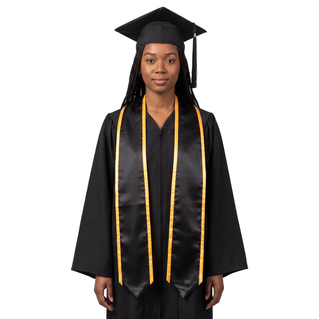 Black pointed graduation stole with gold trim along the edges and neckline, shown against a white background.