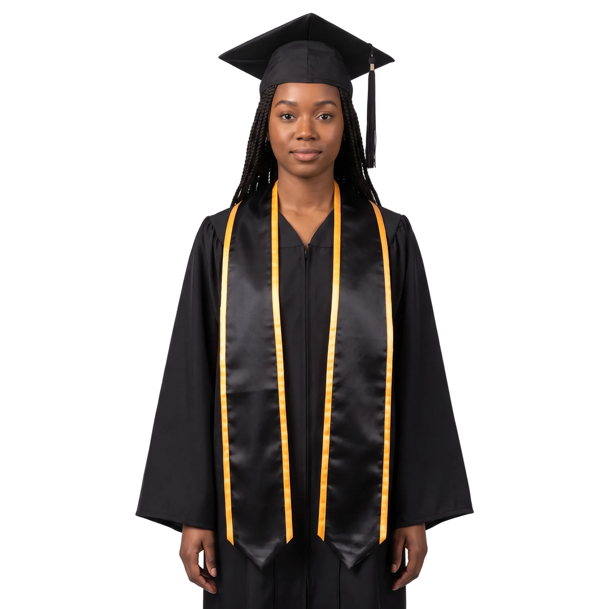Black pointed graduation stole with gold trim along the edges and neckline, shown against a white background.