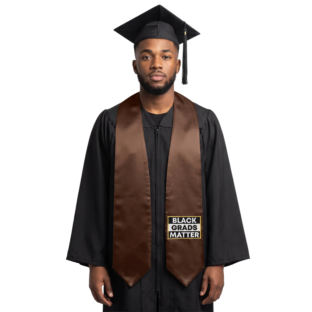 Brown Black Grads Matter graduation stole with pointed ends and a gold-bordered ‘BLACK GRADS MATTER’ design in black and white.