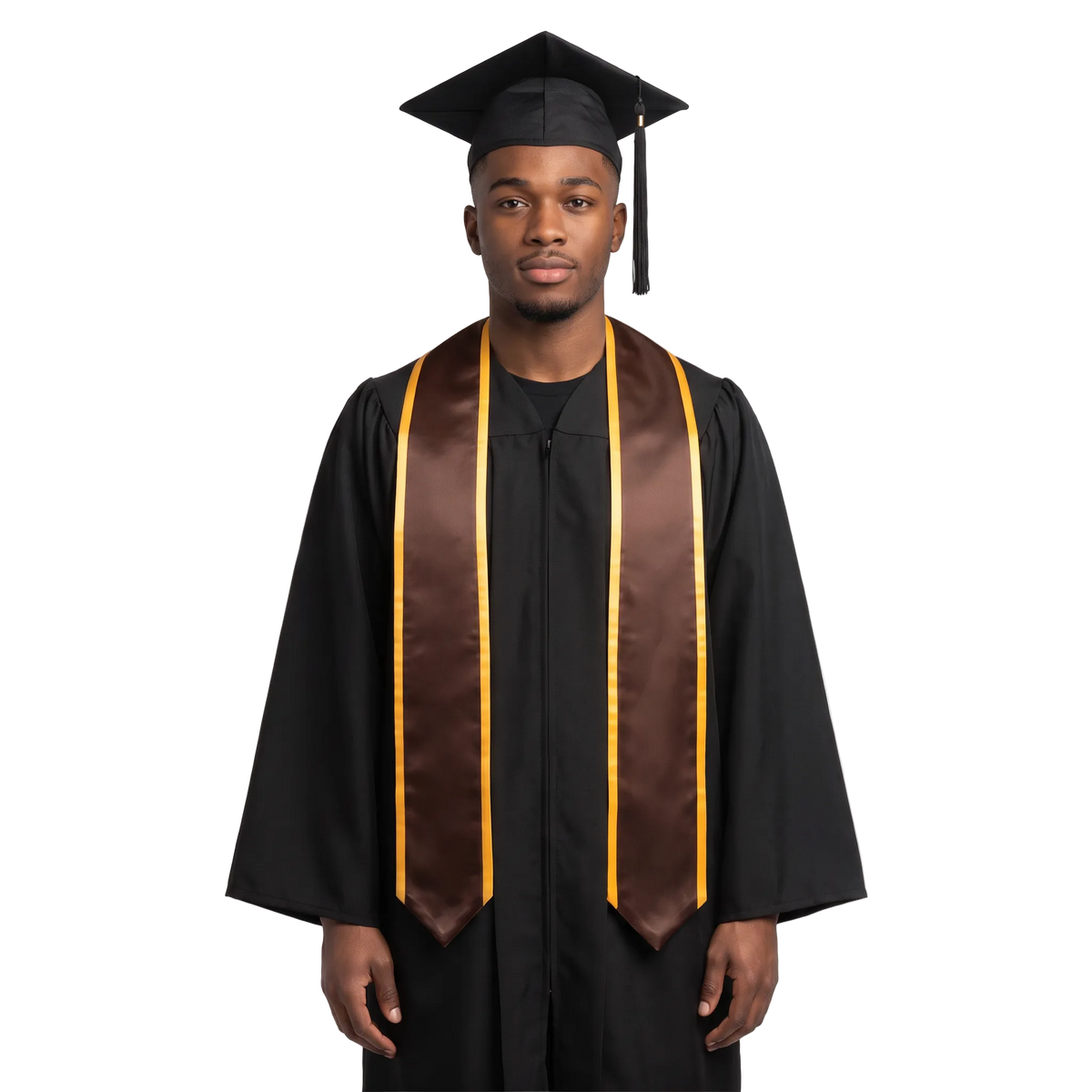 Brown pointed graduation stole with gold trim along the edges and neckline, shown from the front on a white background.