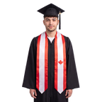 Canada graduation stole featuring white panels with red borders and a red maple leaf, styled as a Canada flag sash.