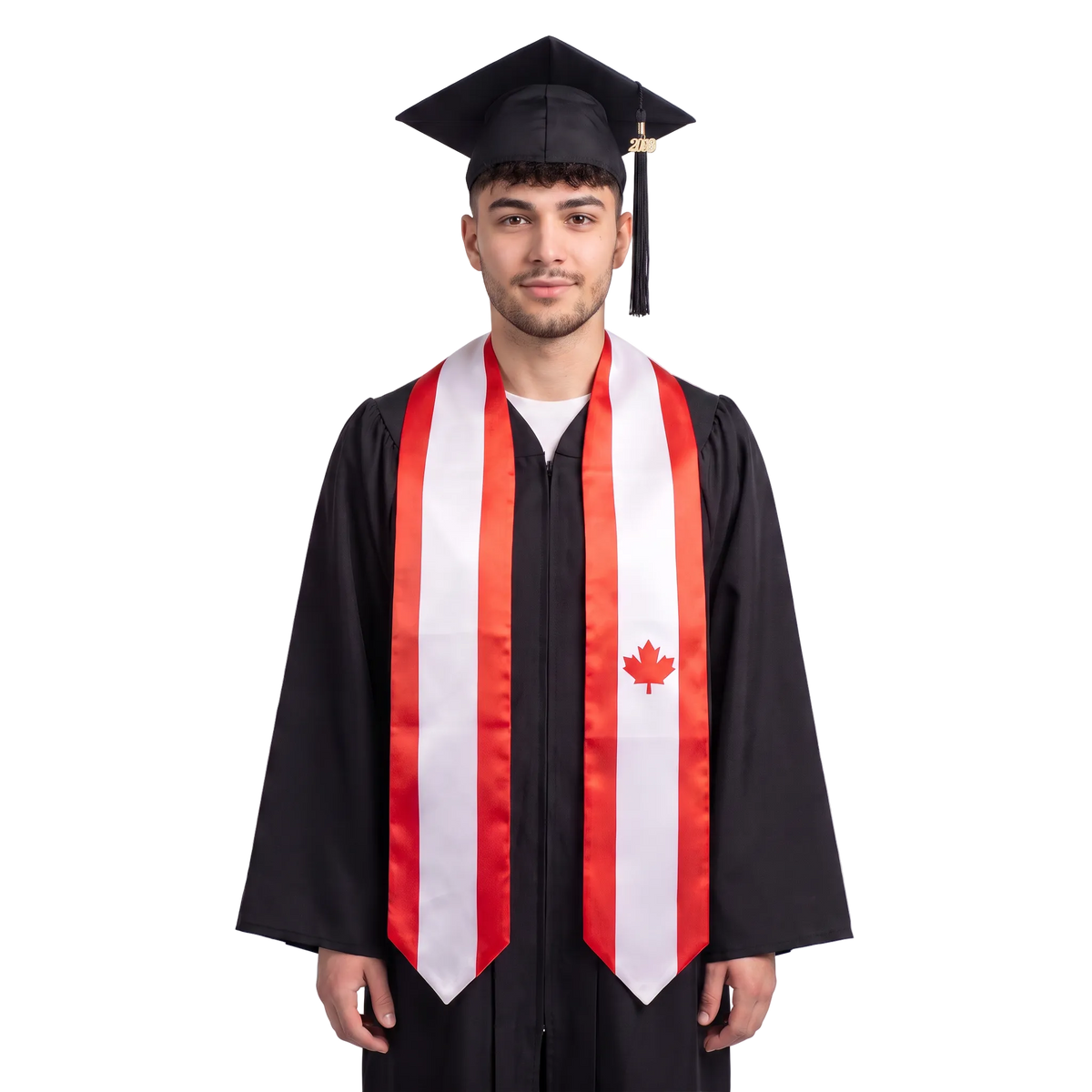 Canada graduation stole featuring white panels with red borders and a red maple leaf, styled as a Canada flag sash.