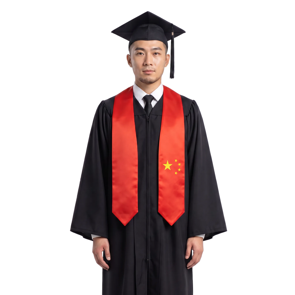 Red China graduation stole featuring one large and four small yellow stars in a Chinese flag sash design with pointed ends.