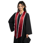 Crimson slanted graduation stole with white trim along the edges and angled ends, shown from the front.