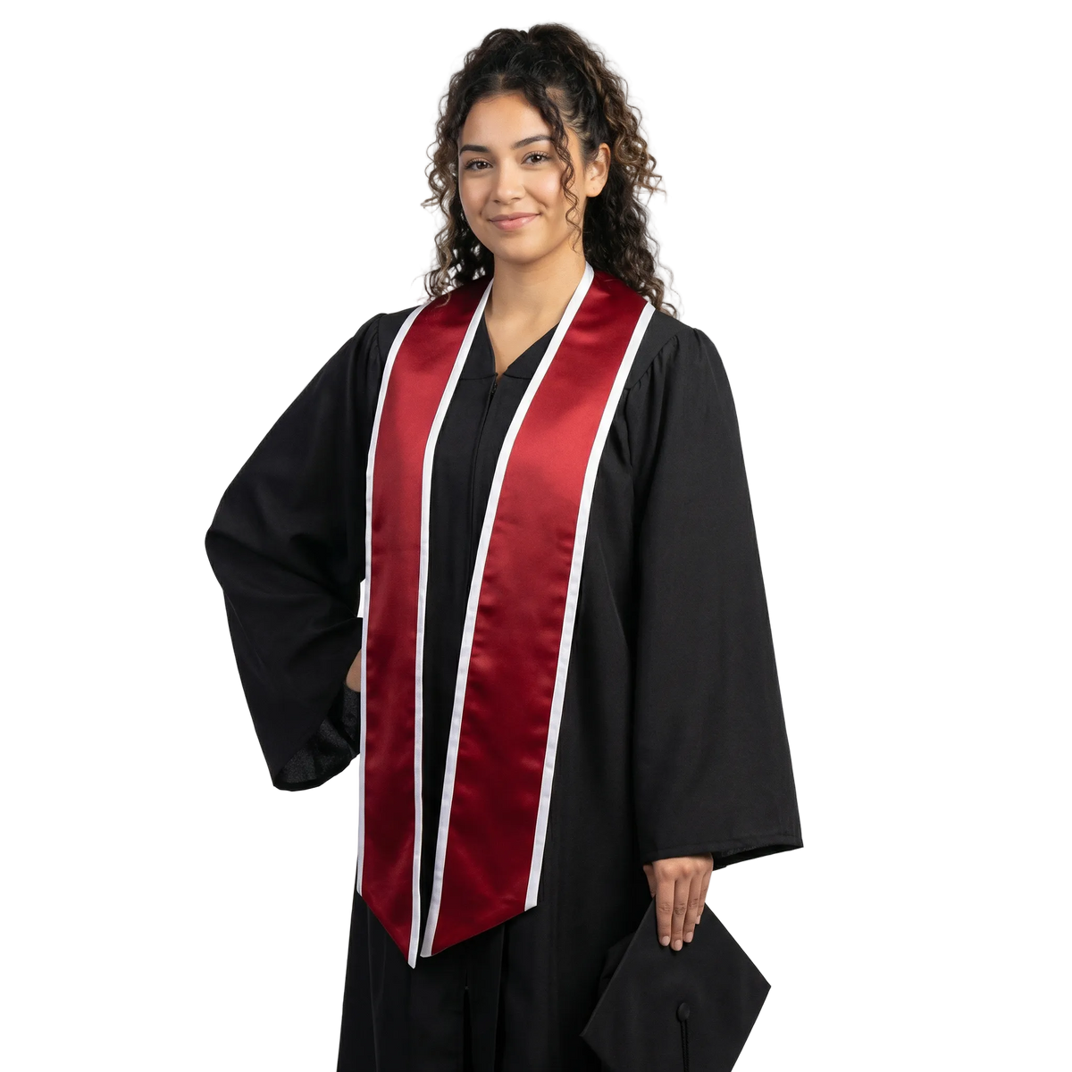 Crimson slanted graduation stole with white trim along the edges and angled ends, shown from the front.