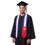 Cuba graduation stole with blue and white stripes and a red panel featuring a white star, creating a Cuban flag sash design.