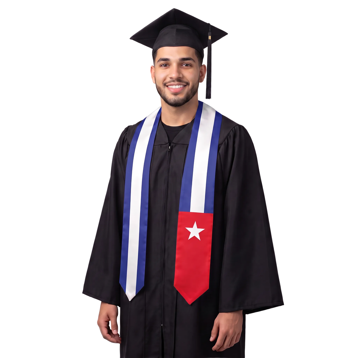 Cuba graduation stole with blue and white stripes and a red panel featuring a white star, creating a Cuban flag sash design.