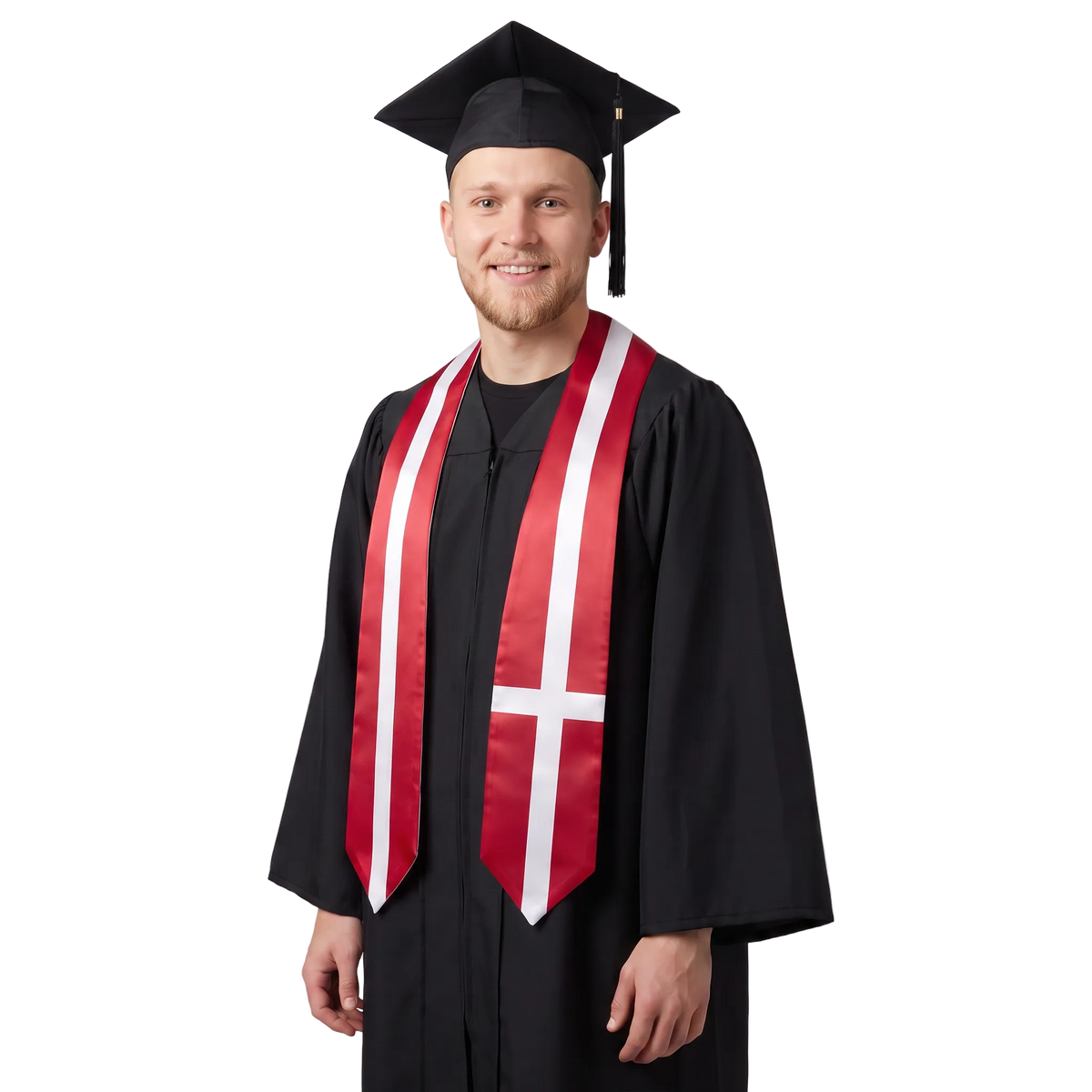 Denmark graduation stole in red with white stripes and a white cross on one panel, styled as a Denmark flag sash.