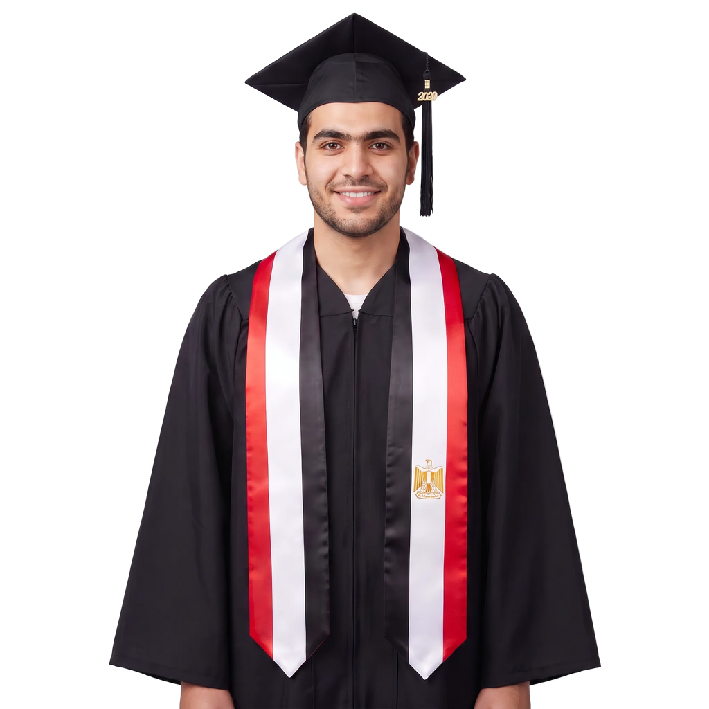 Egypt graduation stole featuring red, white, and black flag stripes, a gold eagle emblem, and pointed ends, shown from the front.