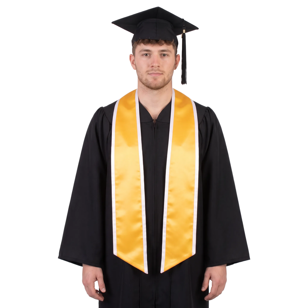 Gold slanted graduation stole with white trim along the edges and diagonal-cut ends, shown against a white background.