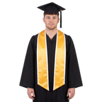 Gold slanted graduation stole with white trim along the edges and diagonal-cut ends, shown against a white background.
