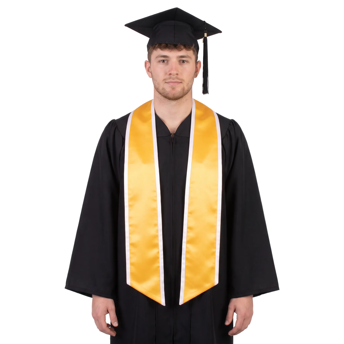Gold slanted graduation stole with white trim along the edges and diagonal-cut ends, shown against a white background.