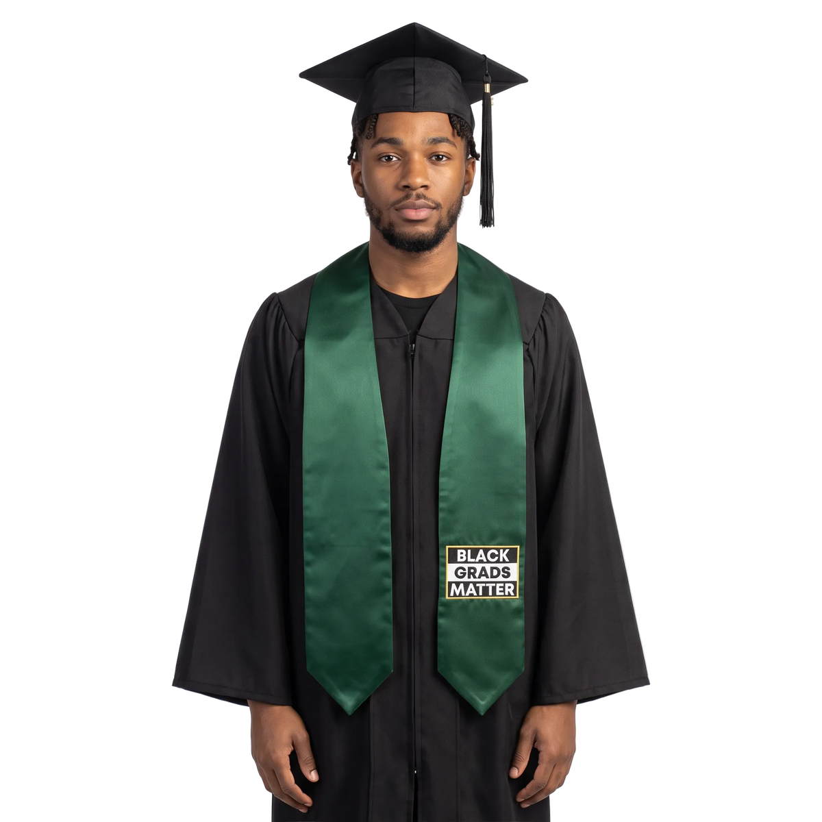 Hunter green Black Grads Matter graduation stole with pointed ends and a gold-bordered ‘BLACK GRADS MATTER’ design in black and white.