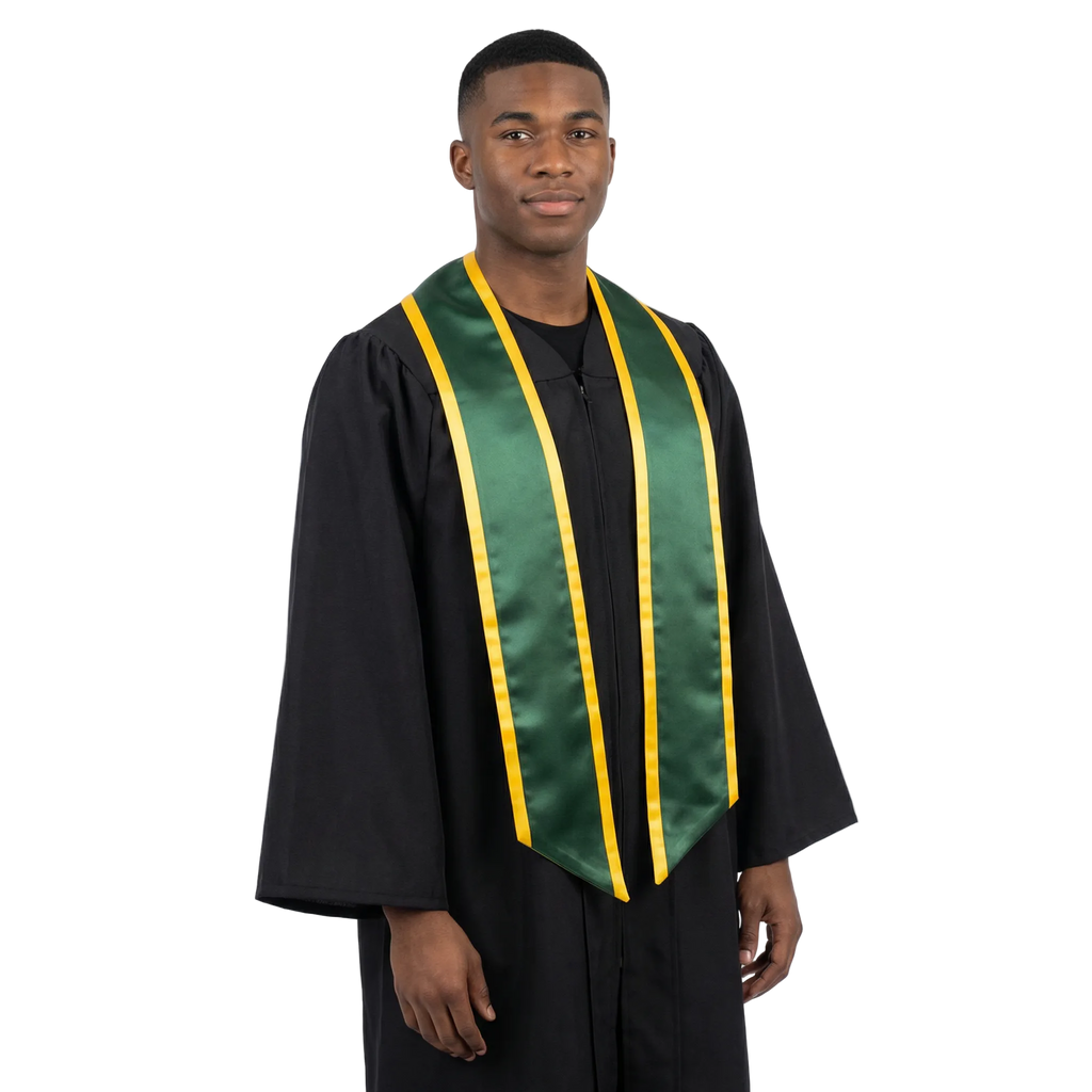 Hunter green slanted graduation stole with gold trim along the edges and angled ends, shown from the front.