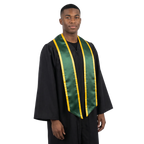 Hunter green slanted graduation stole with gold trim along the edges and angled ends, shown from the front.