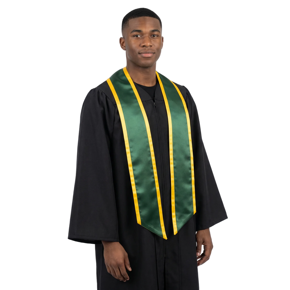 Hunter green slanted graduation stole with gold trim along the edges and angled ends, shown from the front.