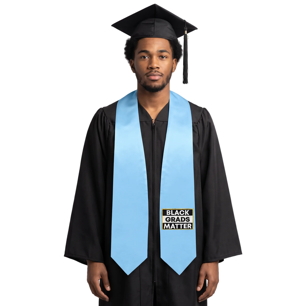 Light blue Black Grads Matter graduation stole with pointed ends and a gold-bordered ‘BLACK GRADS MATTER’ design in black and white.