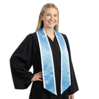 Light blue slanted graduation stole with white trim along the edges and angled ends, shown from the front.