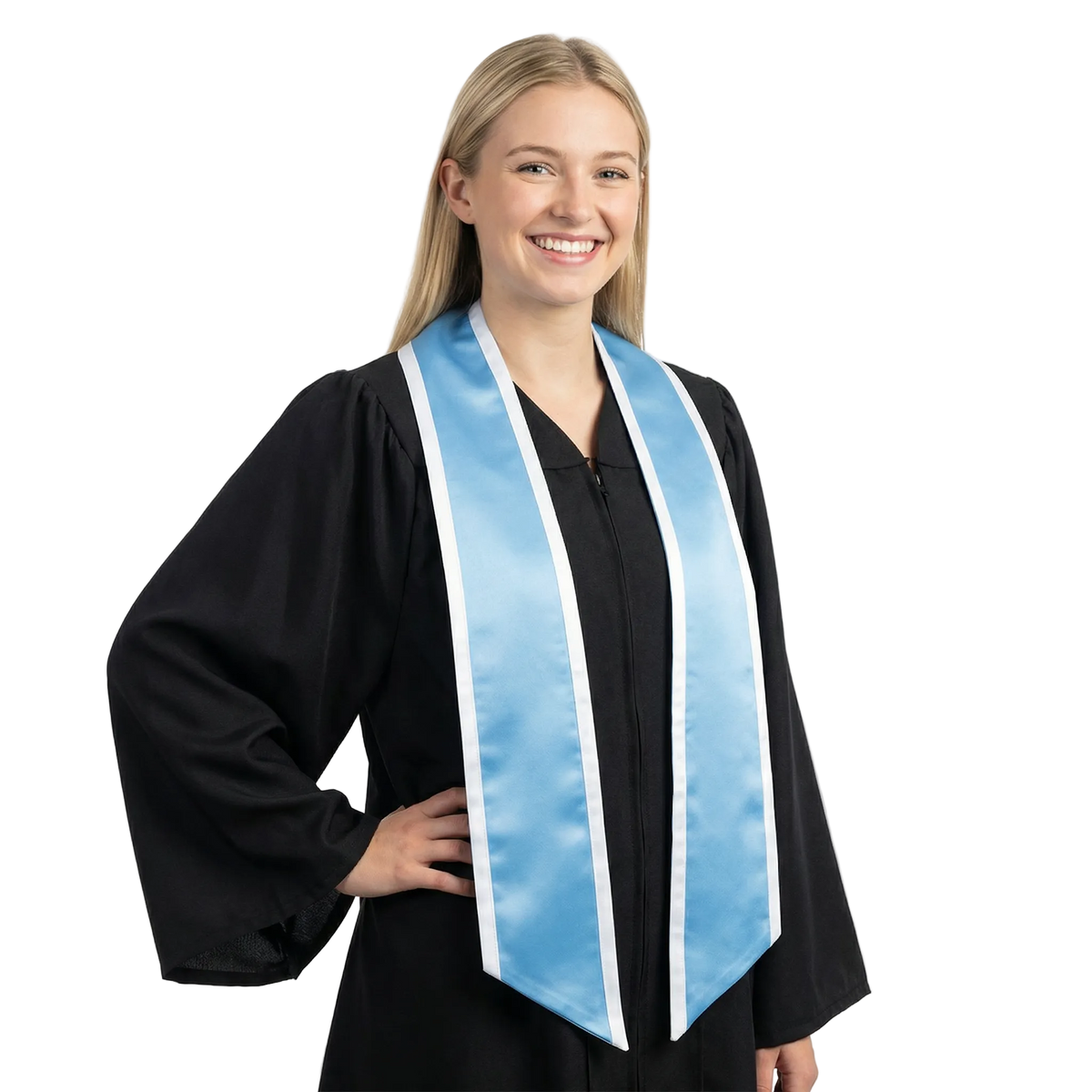 Light blue slanted graduation stole with white trim along the edges and angled ends, shown from the front.
