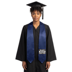 Navy Black Grads Matter graduation stole with pointed ends and a black-and-white patch bordered in gold, shown from the front.
