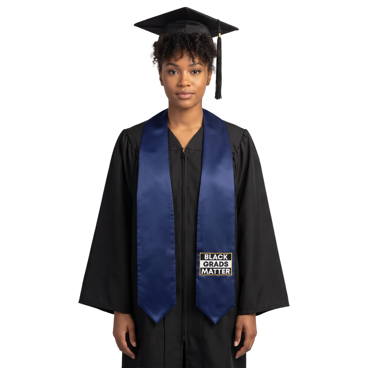 Navy Black Grads Matter graduation stole with pointed ends and a black-and-white patch bordered in gold, shown from the front.