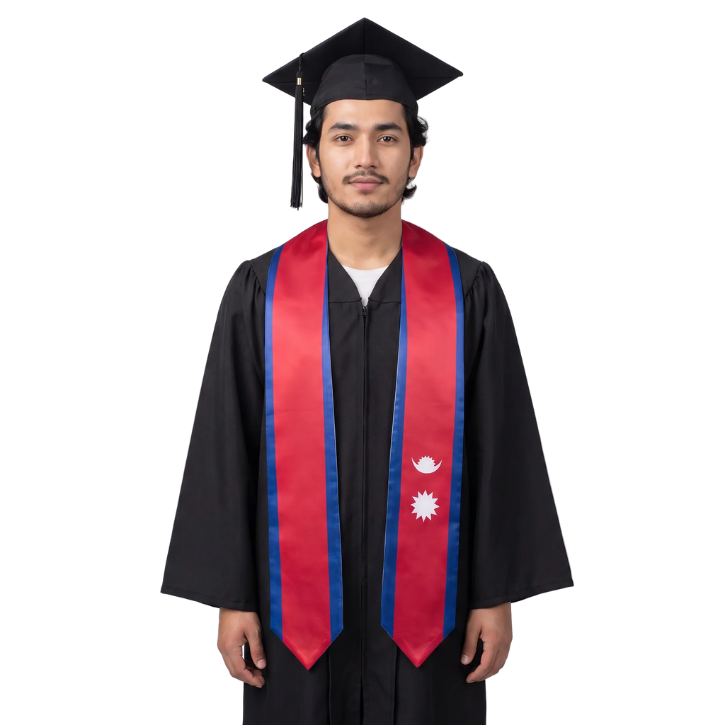 Red Nepal graduation stole with blue borders and white moon and sun symbols in a Nepal flag sash design with pointed ends.