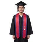 Red Nepal graduation stole with blue borders and white moon and sun symbols in a Nepal flag sash design with pointed ends.