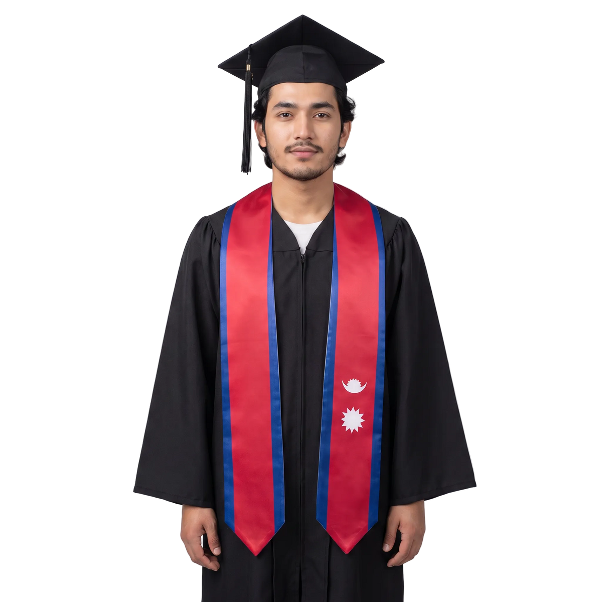 Red Nepal graduation stole with blue borders and white moon and sun symbols in a Nepal flag sash design with pointed ends.