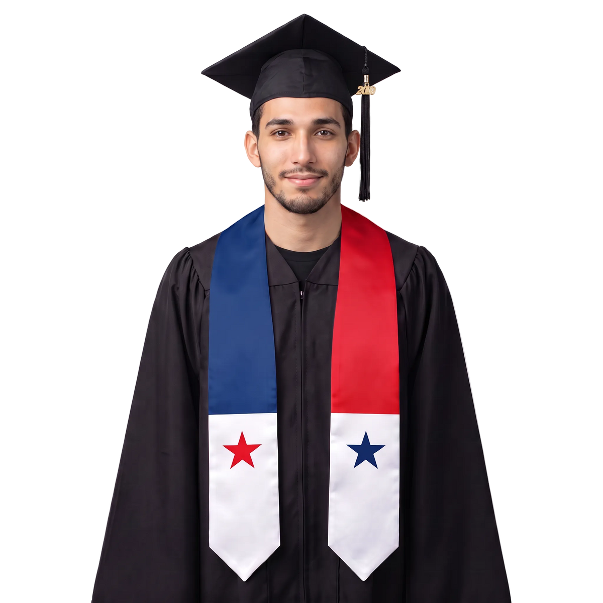 Panama graduation stole with red and blue panels and white pointed ends featuring red and blue stars, inspired by the Panama flag