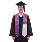 Philippine graduation stole with red and blue stripes and a white panel featuring a yellow sun and three stars in a Philippine flag sash design.