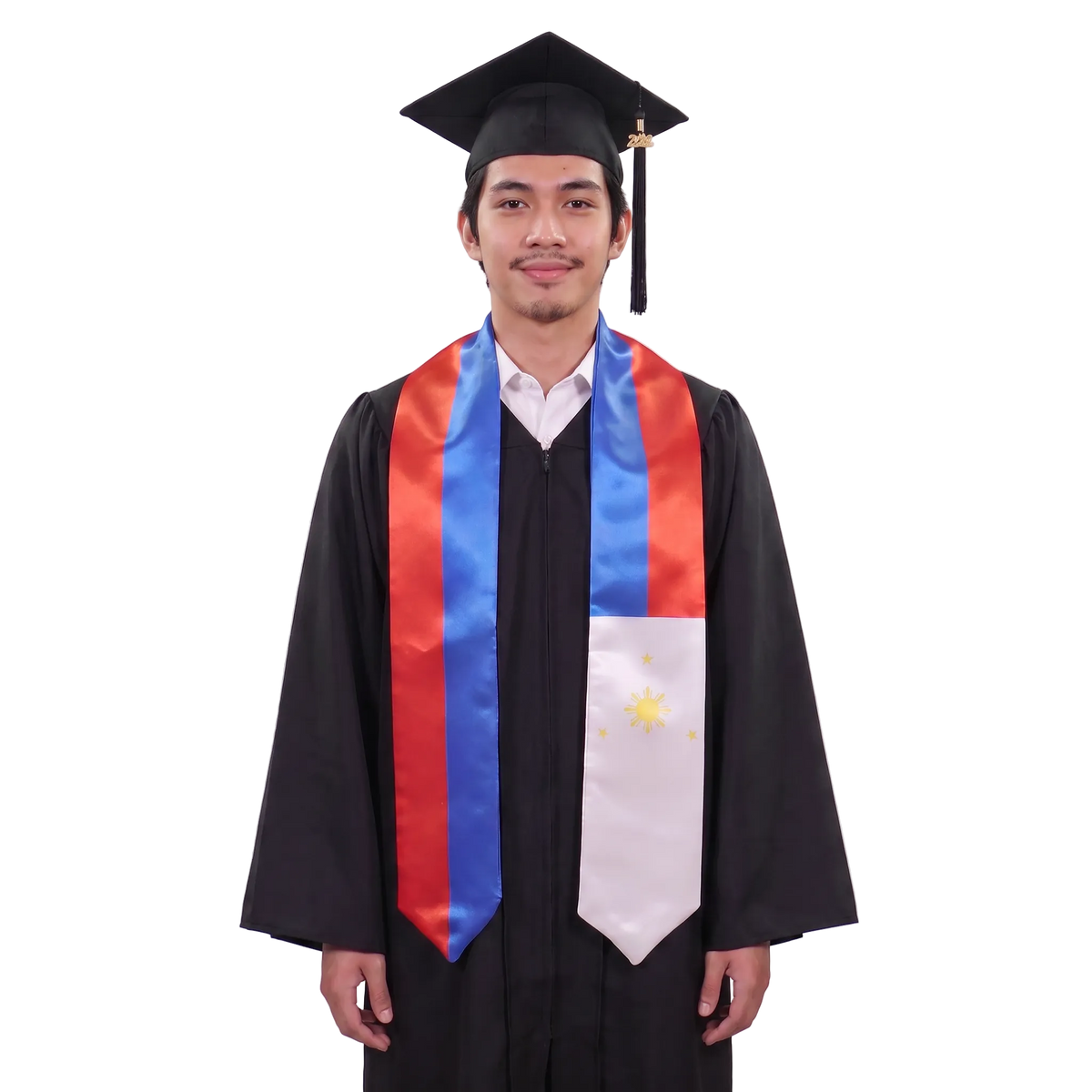 Philippine graduation stole with red and blue stripes and a white panel featuring a yellow sun and three stars in a Philippine flag sash design.