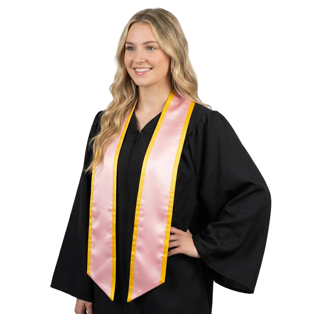 Pink slanted graduation stole with gold trim along the edges and angled ends, shown from the front.