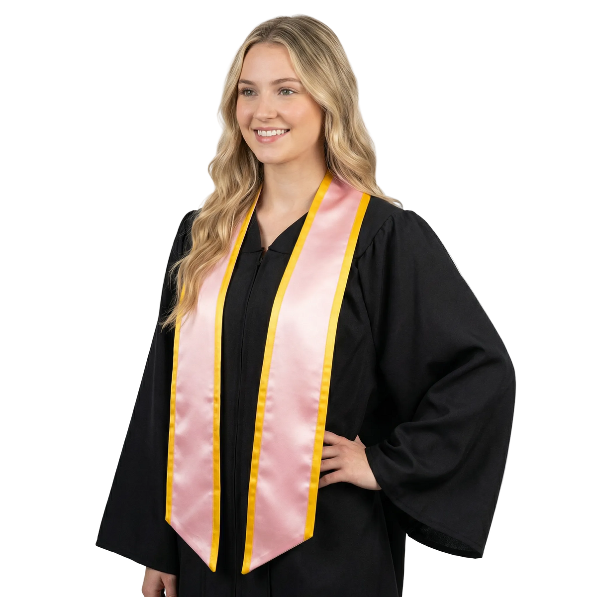 Pink slanted graduation stole with gold trim along the edges and angled ends, shown from the front.