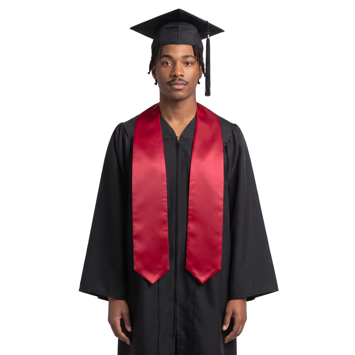 Plain red graduation stole with a smooth, lustrous finish and pointed ends, shown from the front on a white background.