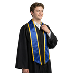 Royal blue slanted graduation stole with gold trim along the edges and angled ends, shown from the front.