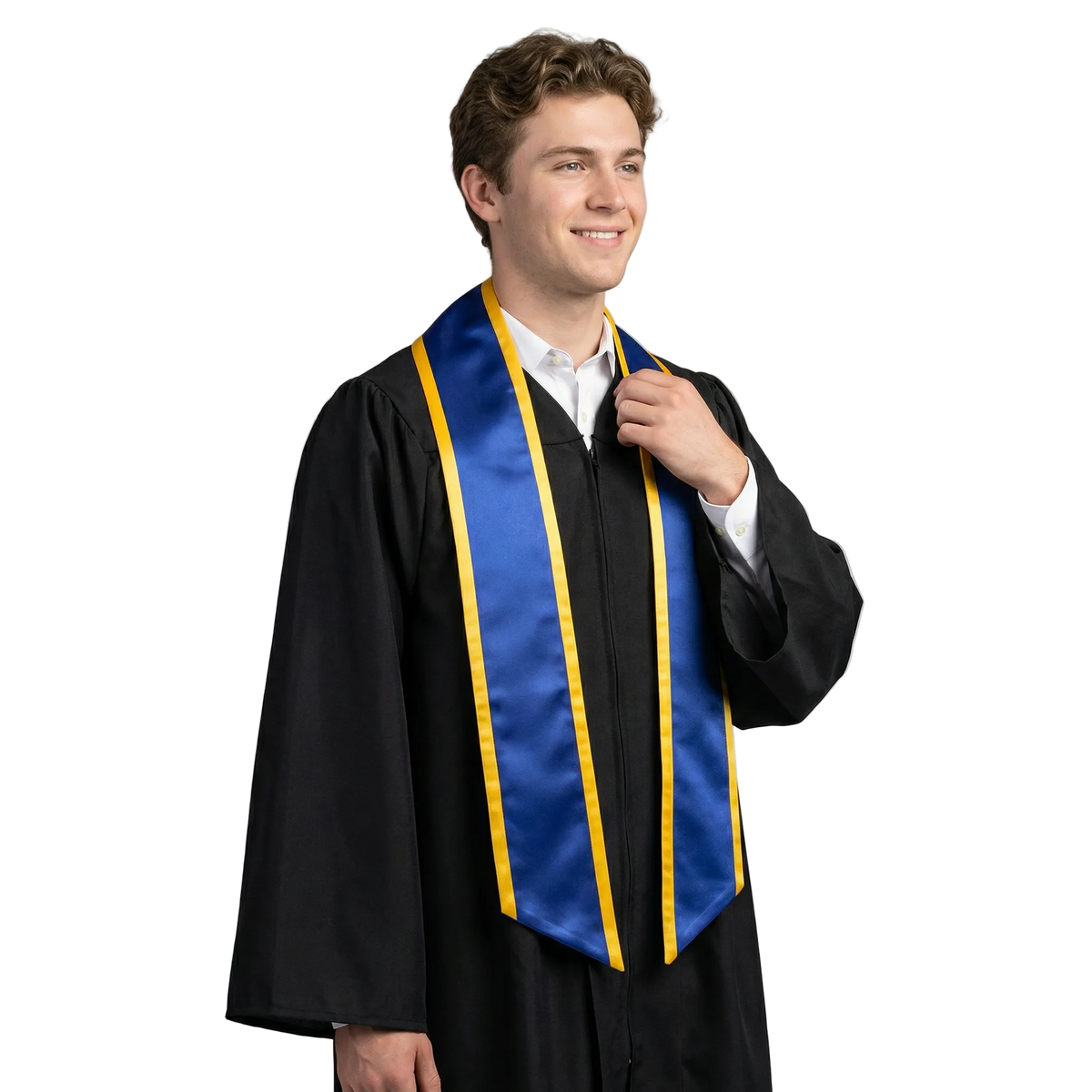 Royal blue slanted graduation stole with gold trim along the edges and angled ends, shown from the front.