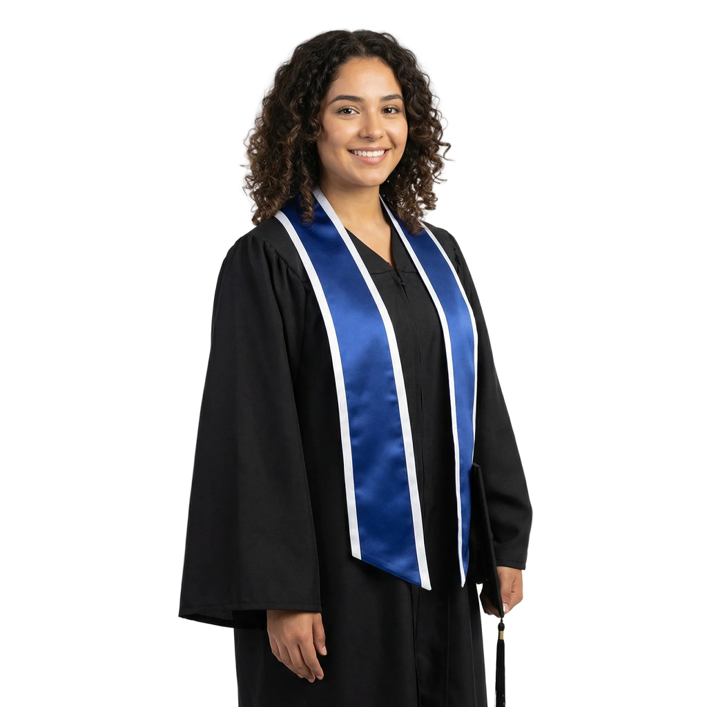 Royal blue slanted graduation stole with white trim along the edges and angled ends, shown from the front.