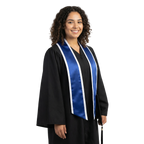 Royal blue slanted graduation stole with white trim along the edges and angled ends, shown from the front.