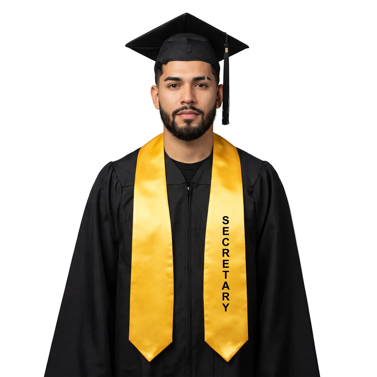 Gold secretary graduation stole for a class officer, featuring vertical black ‘SECRETARY’ lettering and pointed ends.