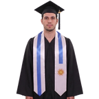 Uruguay graduation stole with blue and white stripes and a golden Sun of May emblem in a Uruguay flag sash design.
