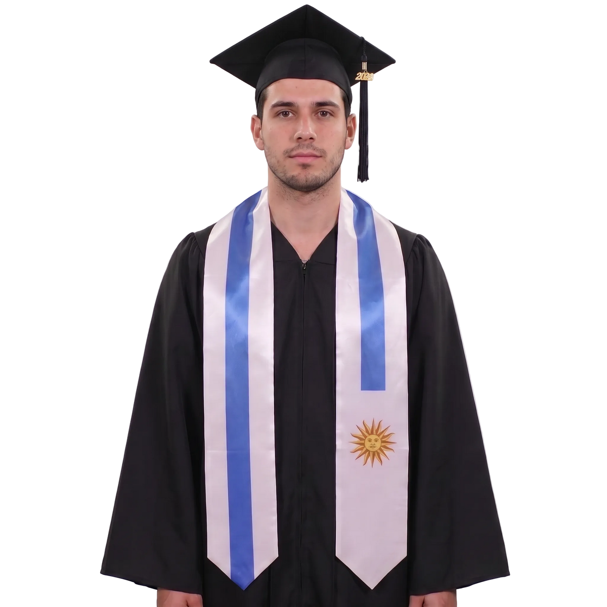 Uruguay graduation stole with blue and white stripes and a golden Sun of May emblem in a Uruguay flag sash design.