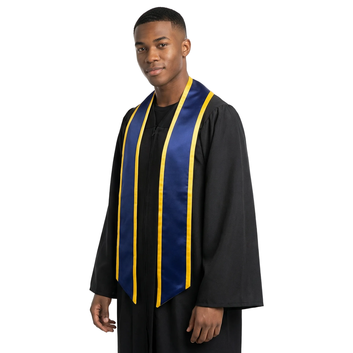 Navy blue slanted graduation stole with gold trim along the edges and angled ends, shown from the front.