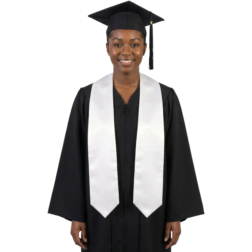 Plain white graduation stole with a smooth finish and pointed ends, shown from the front on a white background.