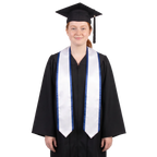 White pointed graduation stole with royal blue trim along the edges and neckline, shown from the front on a white background.