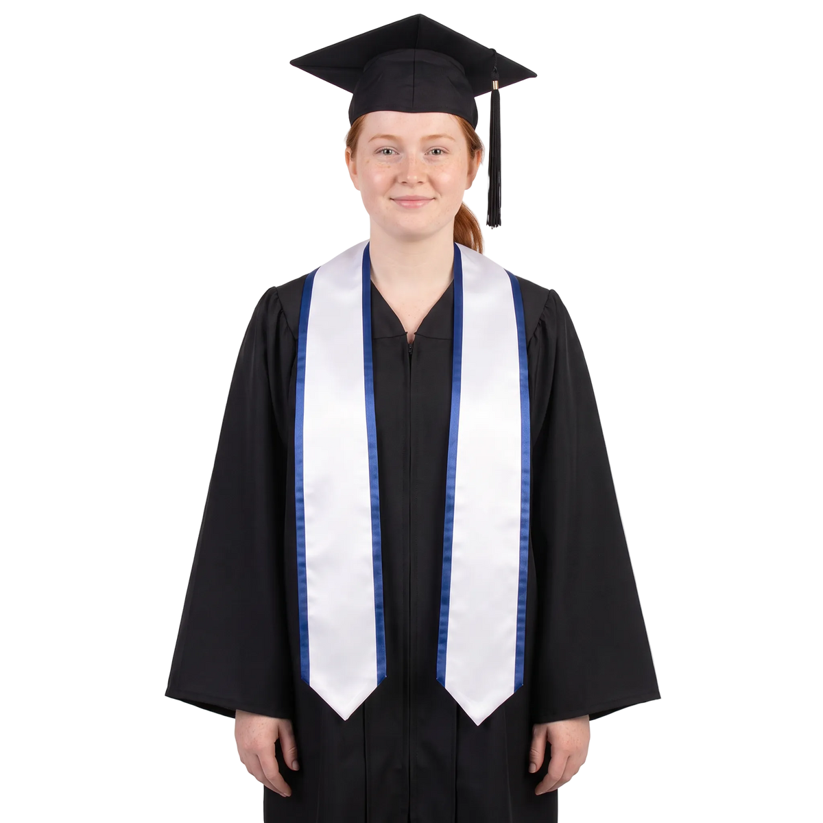 White pointed graduation stole with royal blue trim along the edges and neckline, shown from the front on a white background.