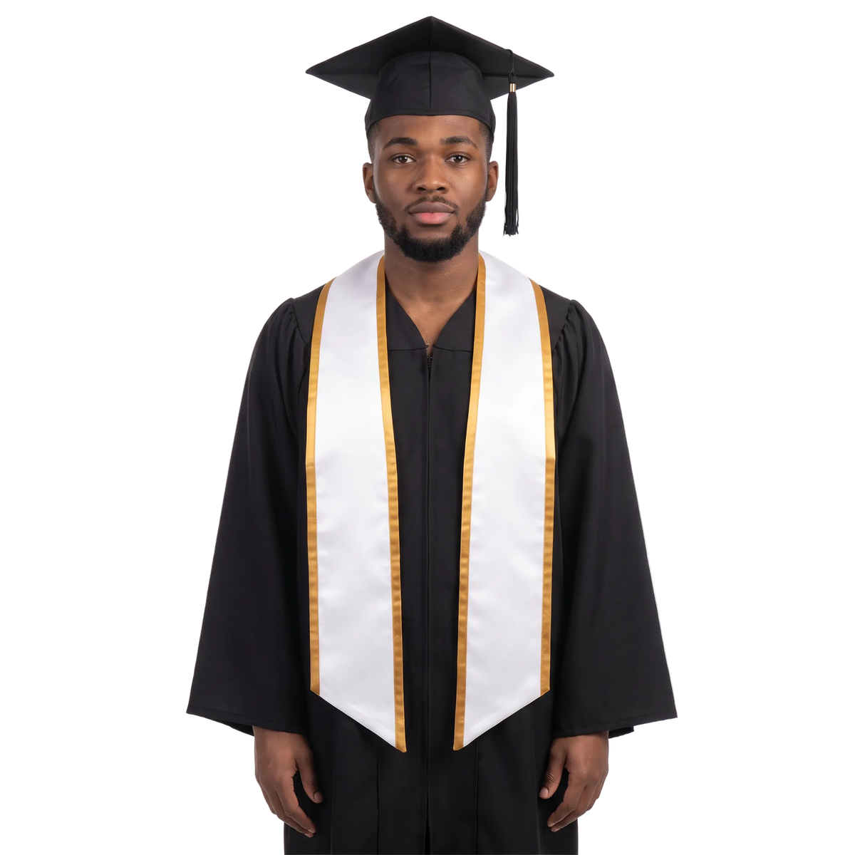 White slanted graduation stole with antique gold trim along the edges and angled ends, shown from the front.