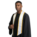 White slanted graduation stole with gold trim along the edges and angled ends, shown from the front.